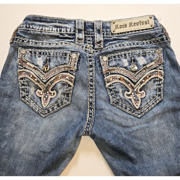 Rock Revival Klandi Straight Jeans 25 Embroidered Rhinestone Distressed Denim St - Picture 1 of 11